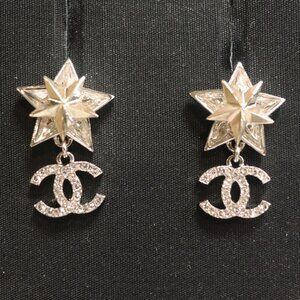 CHANEL Silver Gold CC Logo Stars Comete Rhinestones Dangling Earrings